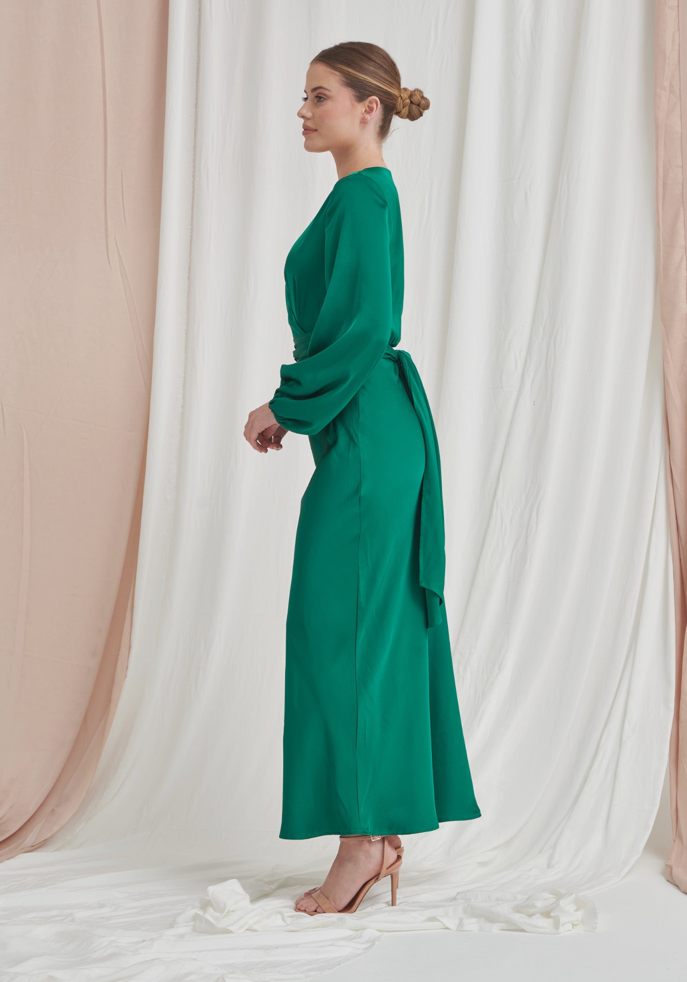 Long sleeve store green silk dress