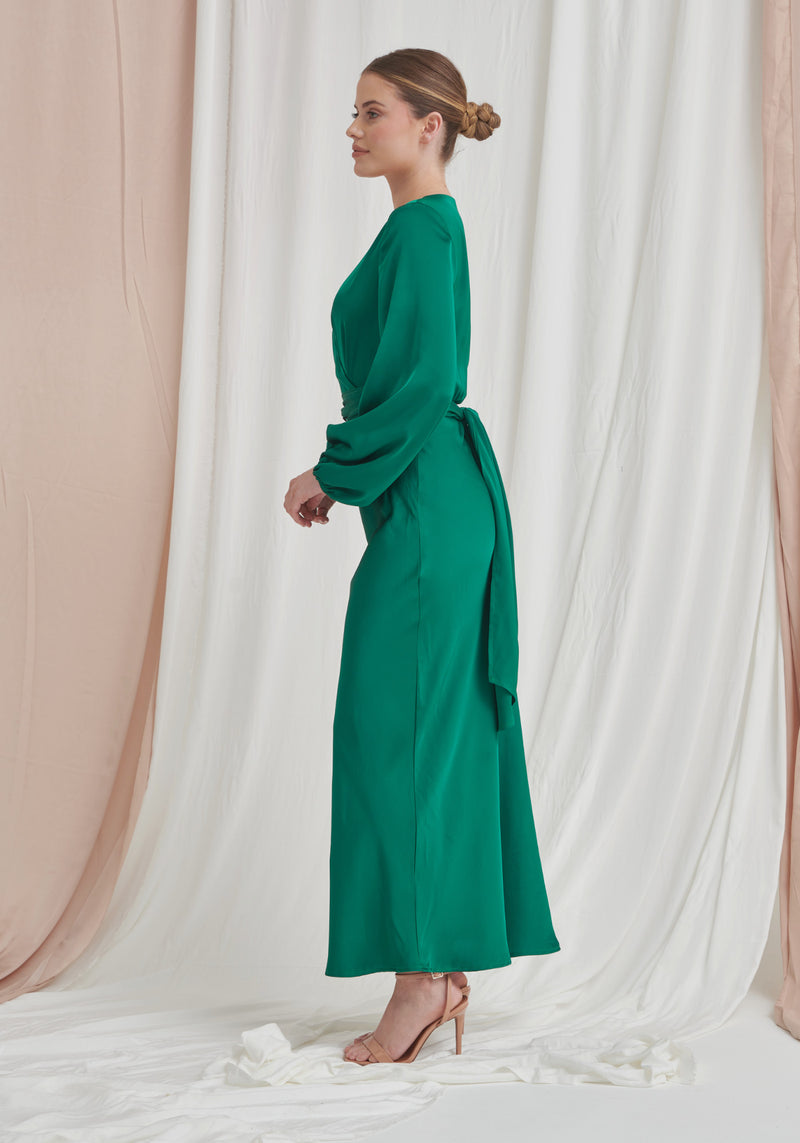 Pippa Long Sleeve Satin Maxi Dress - Emerald