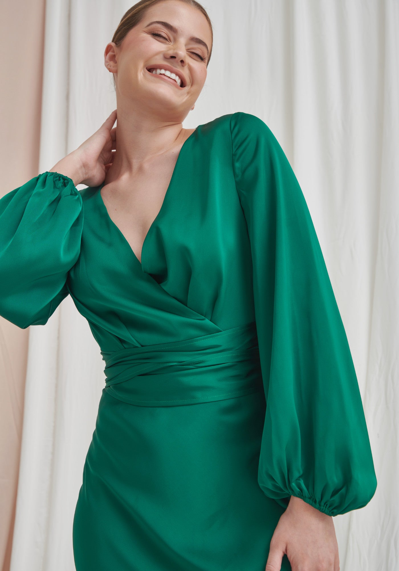 Pippa Long Sleeve Satin Maxi Dress Emerald