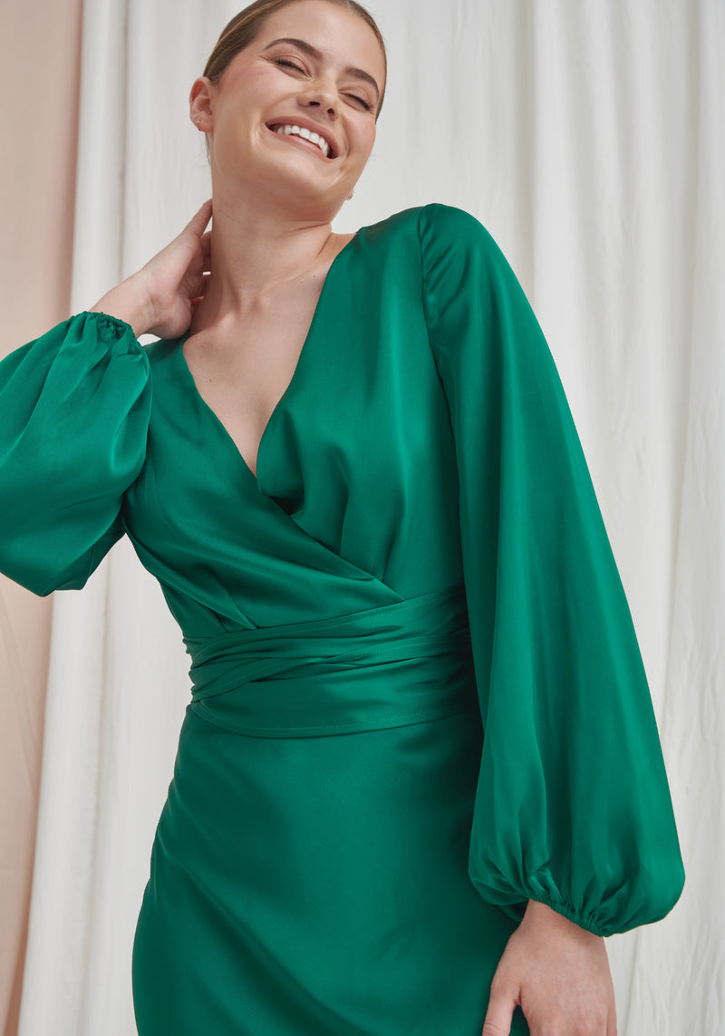 Pippa Long Sleeve Satin Maxi Dress - Emerald