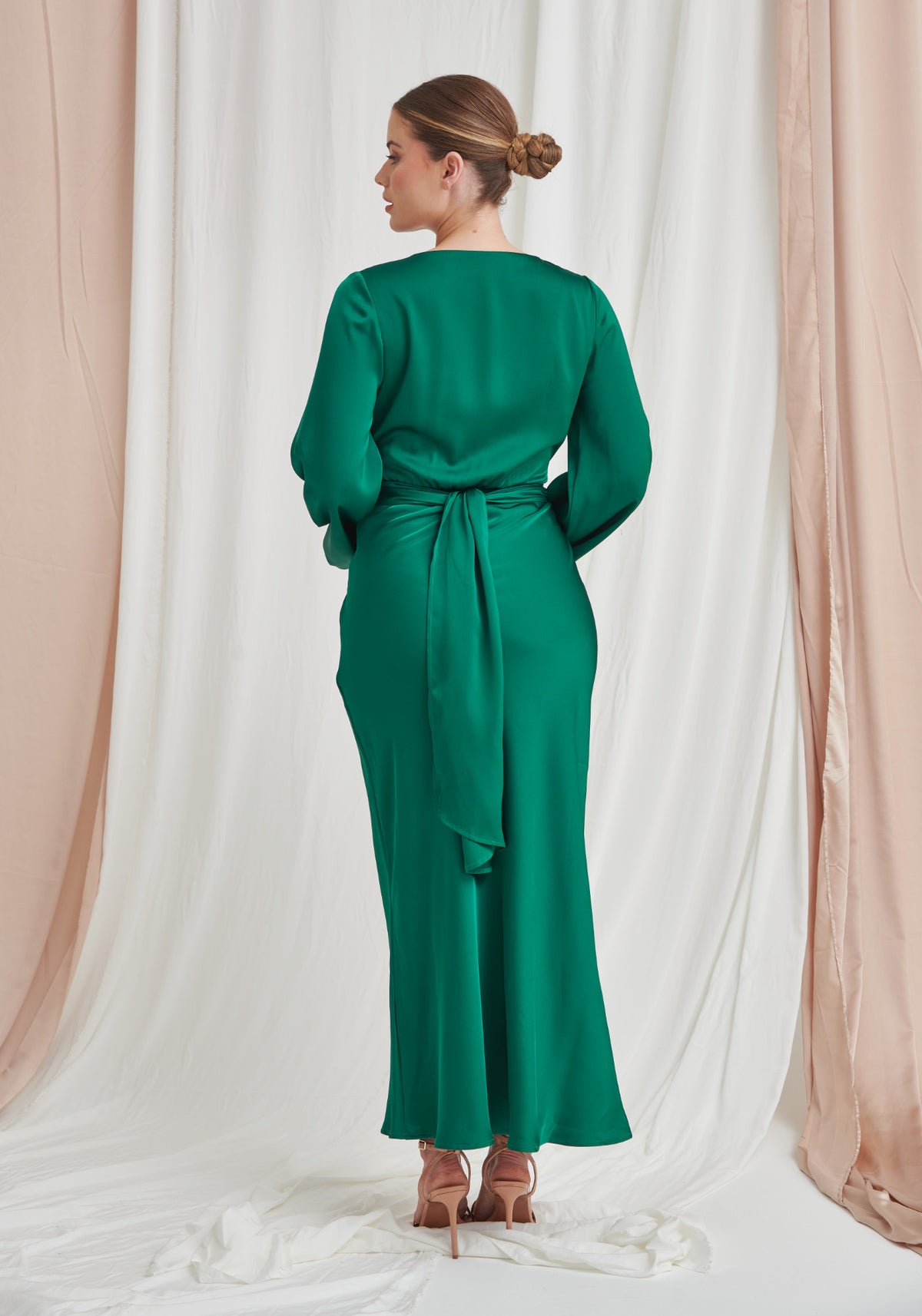 Pippa Long Sleeve Satin Maxi Dress - Emerald