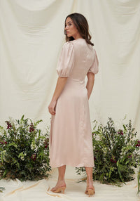 Aubrey Puff Sleeve Side Split Midi Dress in Blush Pink