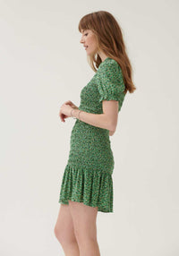 Green Floral Ruched Mini Dress- Outlet