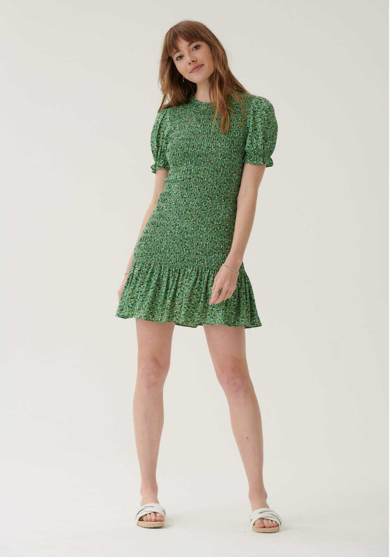 Green Floral Ruched Mini Dress- Outlet