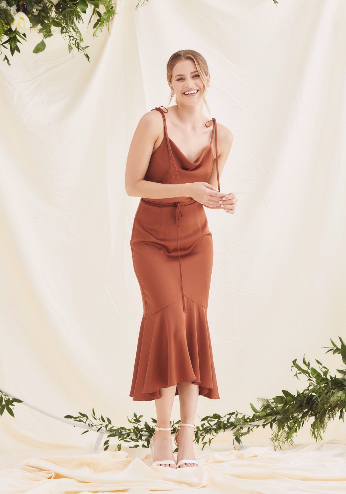 Rust Satin Dress - Rust Bridesmaid Dresses With Cowl Neck and Fishtail Style