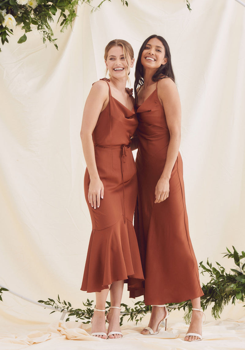 Sophia Cowl Neck Fishtail Satin Midi Dress - Rust Sophia Cowl Neck Fishtail Satin Midi Dress - Rust