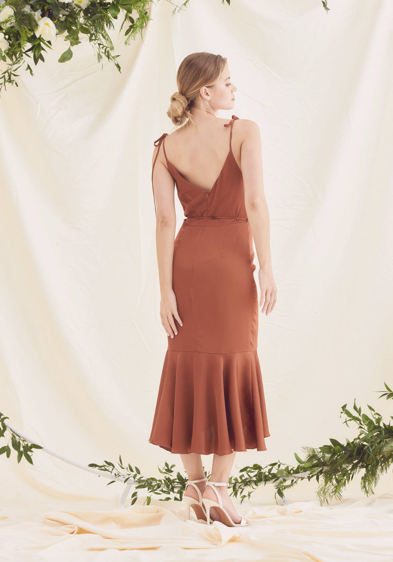 Rust Satin Midi Dress With Cami Straps and Cowl Neck - Wedding Guest Dress & Bridesmaid Dress