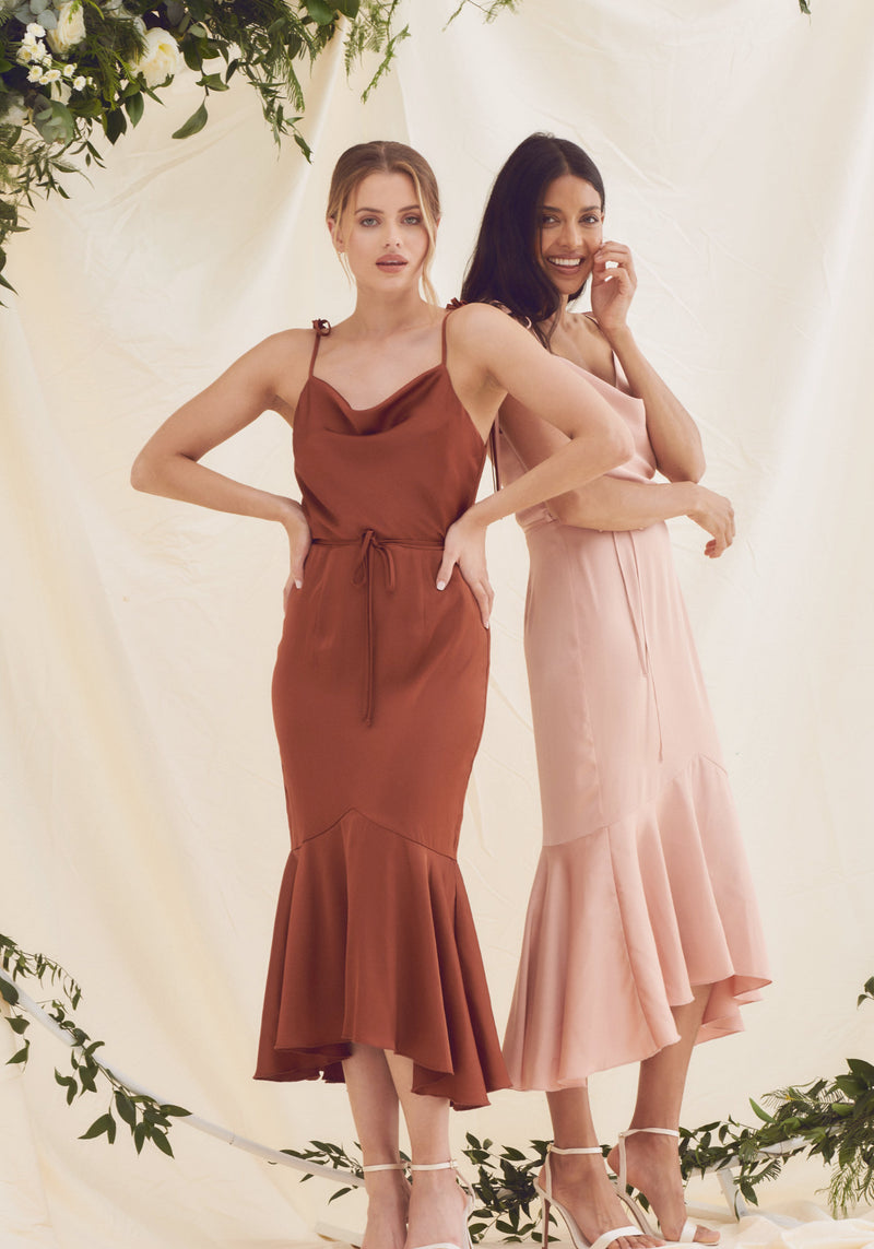 Rust Bridesmaid Dress With Cowl Neck and Cami Straps - Rust Satin Midi Dress - Perfect For Wedding Guest and Bridesmaids