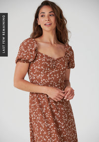Ditsy Floral Puff Sleeve Midi Dress in Rust - Outlet
