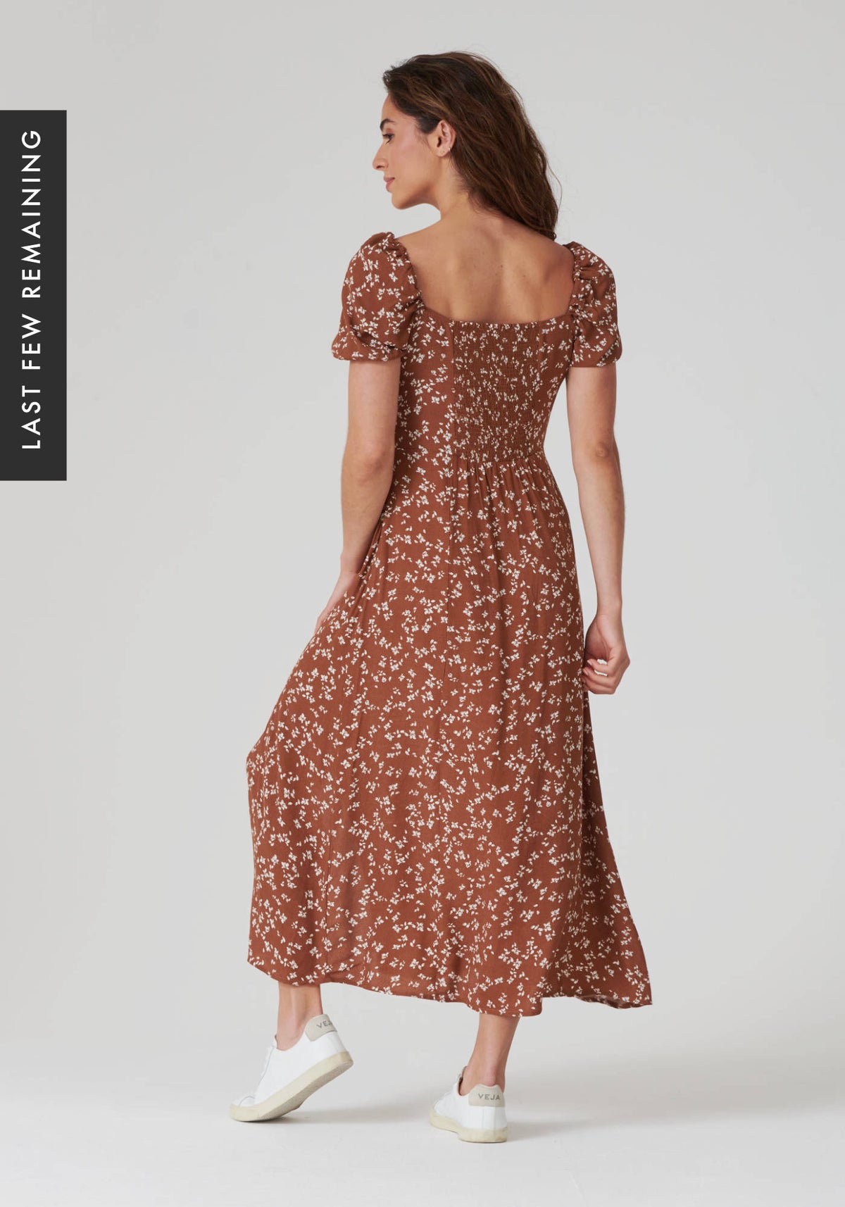 Ditsy Floral Puff Sleeve Midi Dress in Rust - Outlet