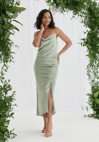 Estelle Ruched Satin Slip Dress - Sage Green