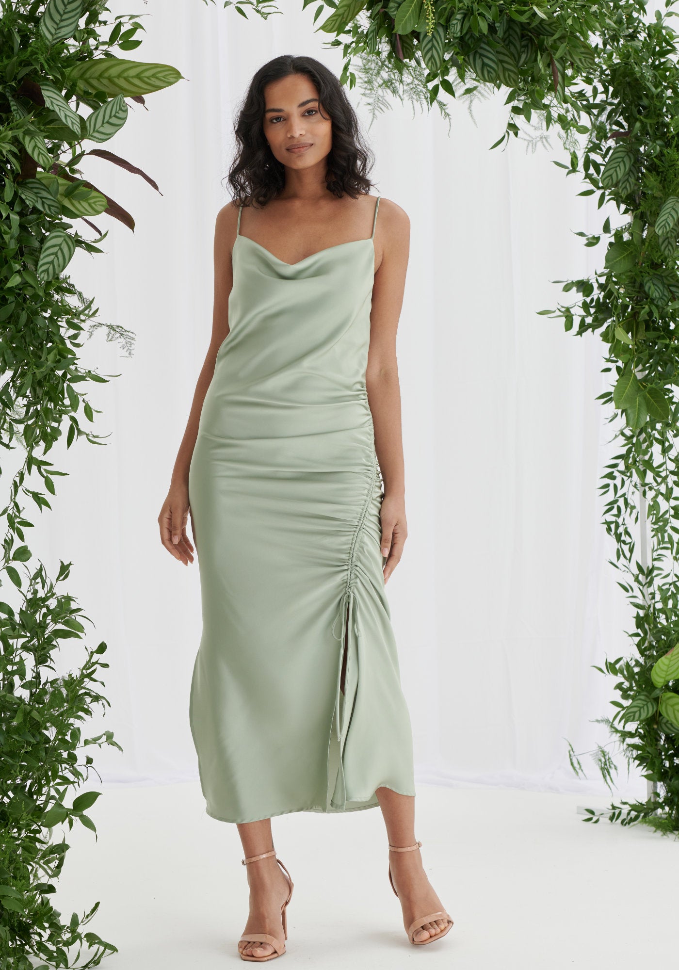 Estelle Ruched Satin Slip Dress in Sage Green Luxe Collection