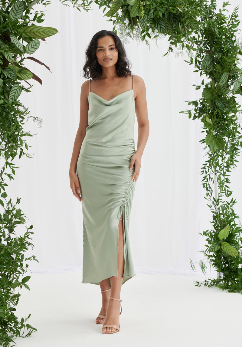Estelle Ruched Satin Slip Dress - Sage Green