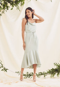 Sage Green Satin Dress For Bridesmaids And Wedding Guest - Sage Satin Dress With Cowl Neck and Cami Straps