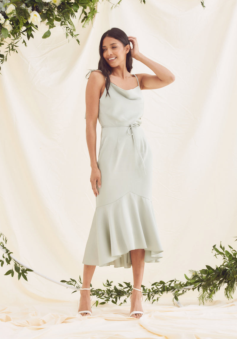 Sage Green Cowl Neck Fishtail Satin Midi Dress | Luxe Collection Dresses Liena Sage Green Cowl Neck Fishtail Satin Midi Dress | Luxe Collection Dresses Liena