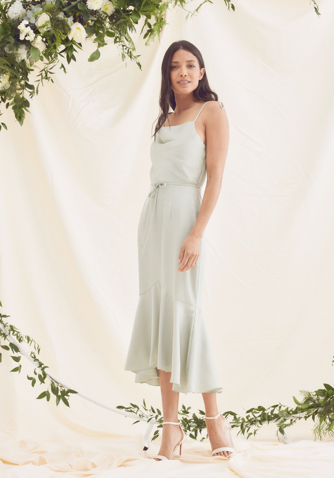 Sage Green Cowl Neck Fishtail Satin Midi Dress | Luxe Collection Dresses Liena Sage Green Cowl Neck Fishtail Satin Midi Dress | Luxe Collection Dresses Liena