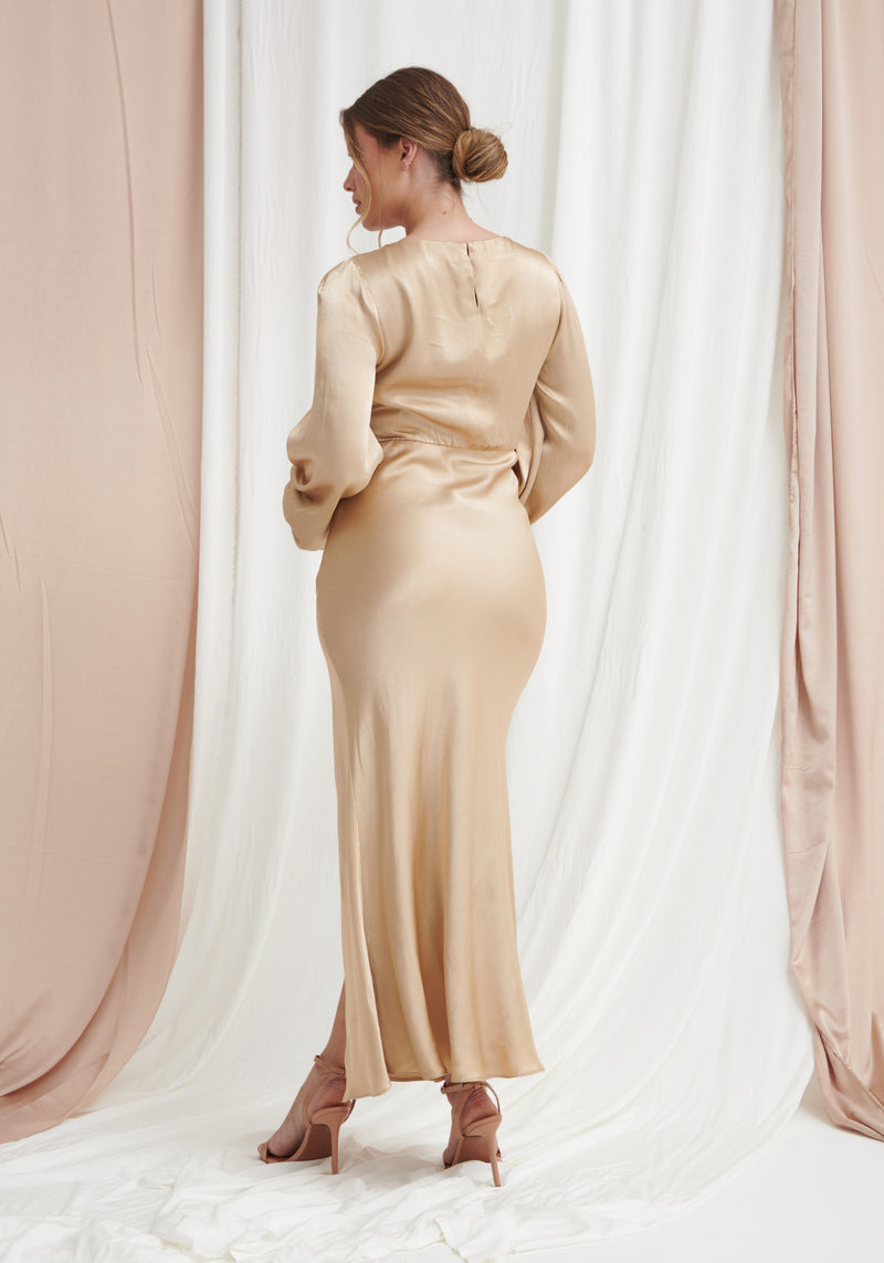 Sara Long Sleeve Split Satin Dress - Champagne Sara Long Sleeve Split Satin Dress - Champagne
