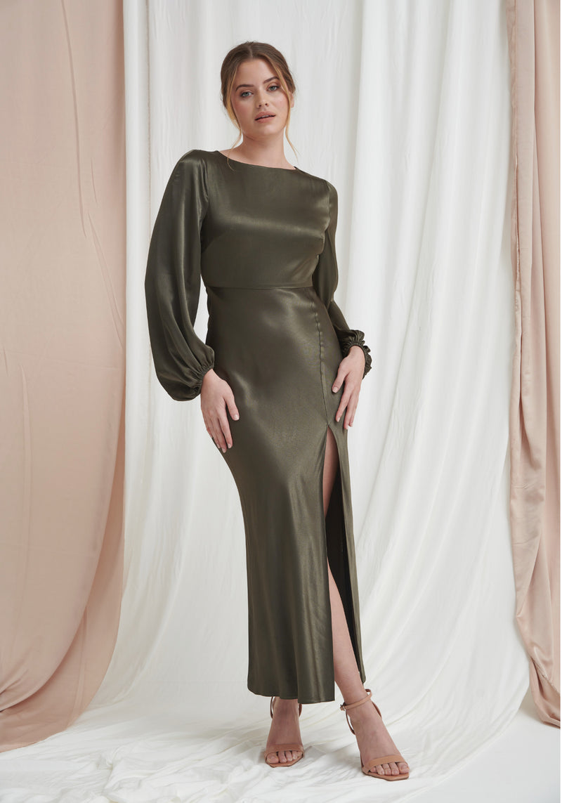 Sara Long Sleeve Split Satin Dress - Dark Olive