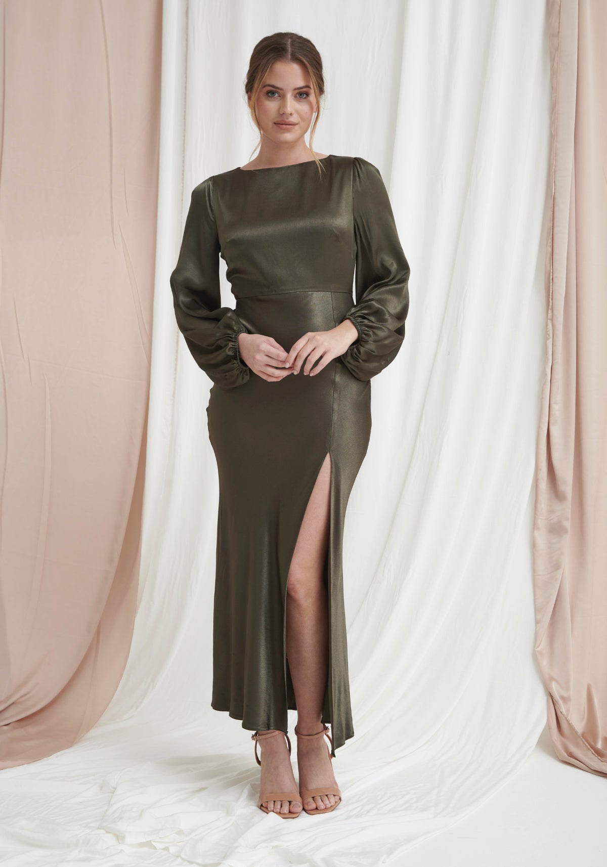 Sara Long Sleeve Split Satin Dress - Dark Olive