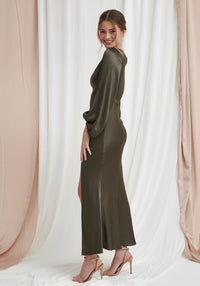 Sara Long Sleeve Split Satin Dress - Dark Olive