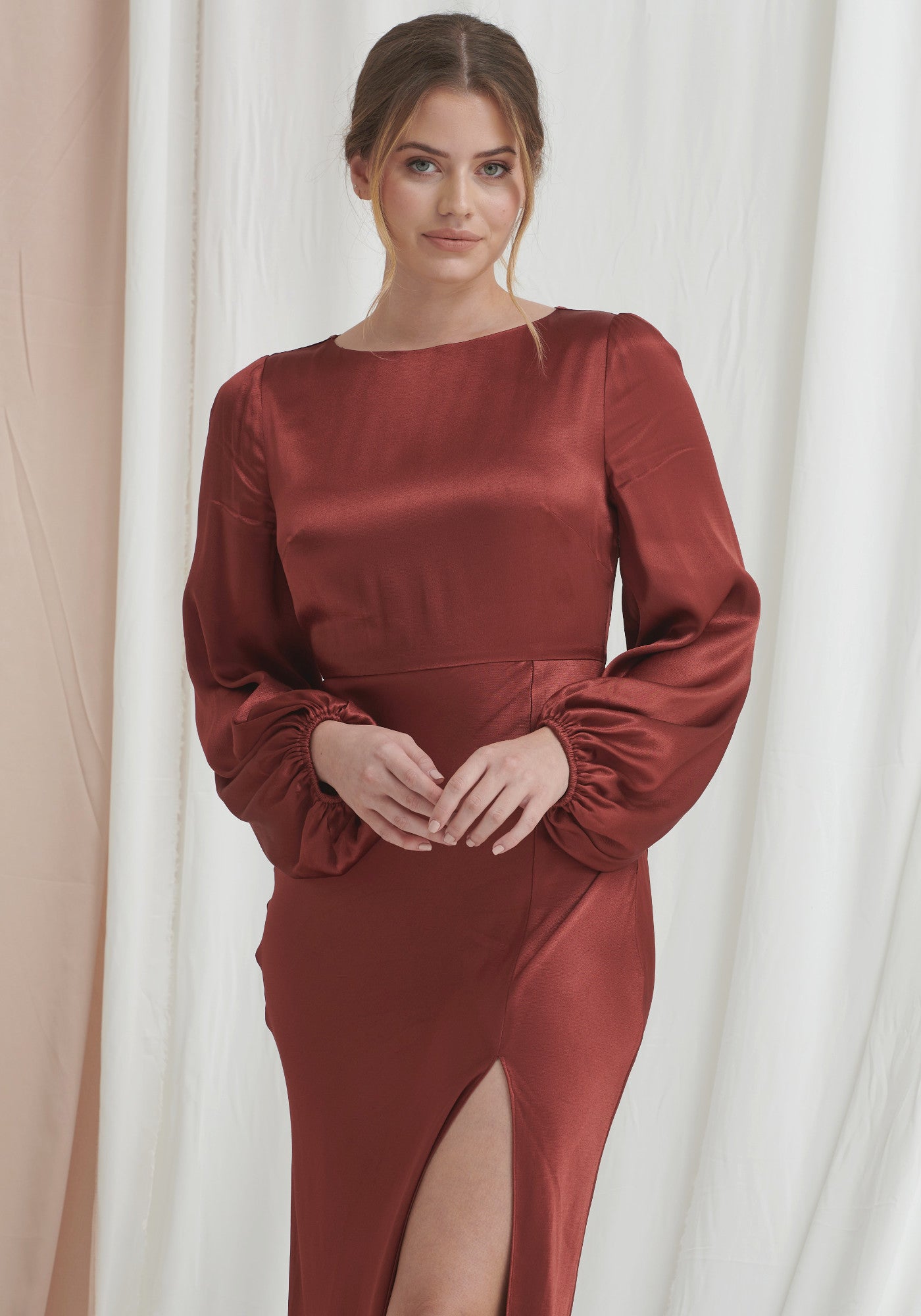 Sara Long Sleeve Split Satin Dress in Rust Luxe Collection