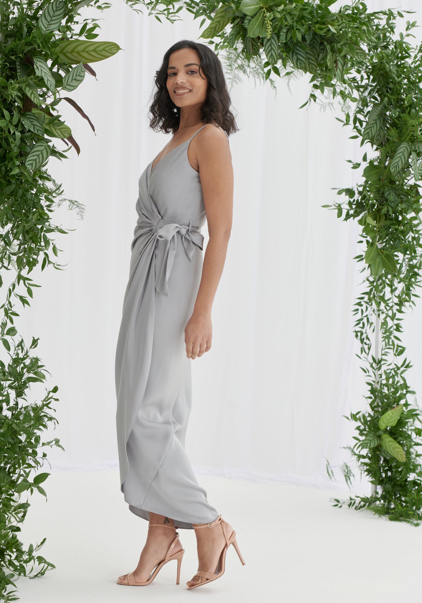 Rosa Tie Side Satin Cami Wrap Dress Silver