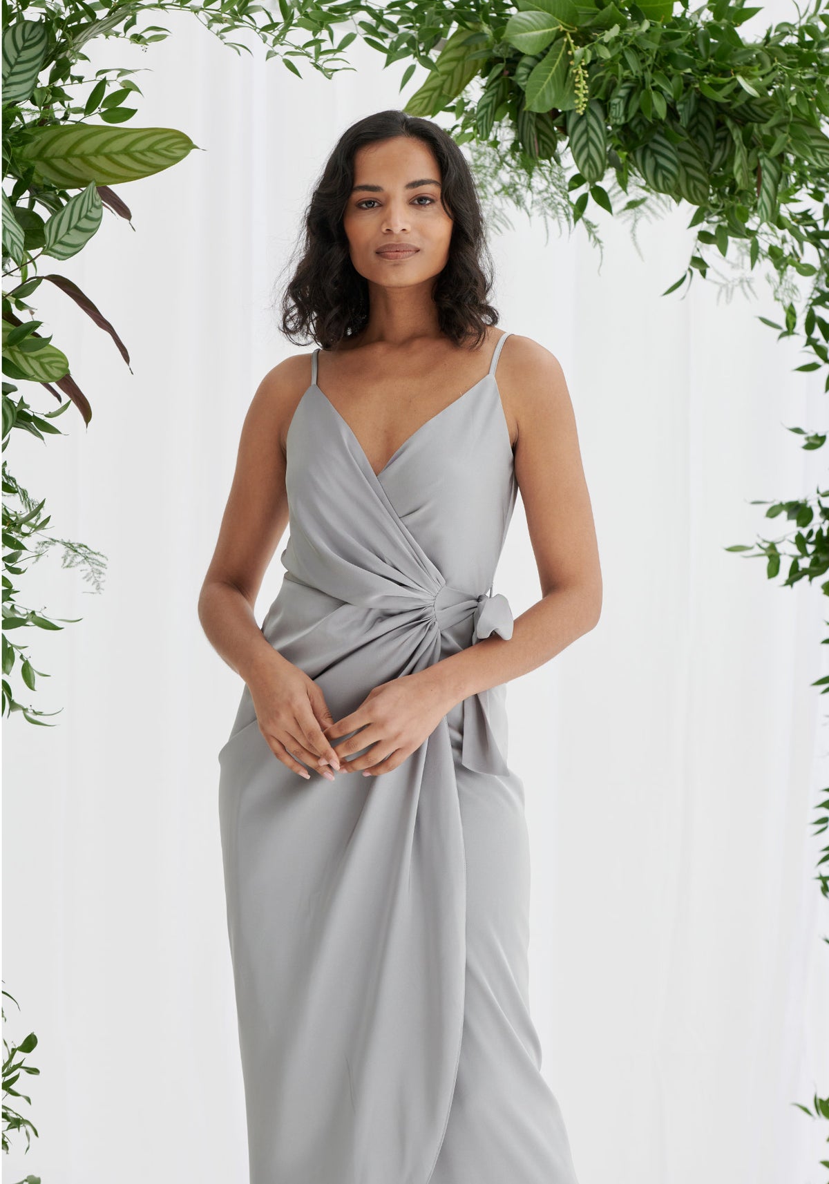 Rosa Tie Side Satin Cami Wrap Dress - Silver