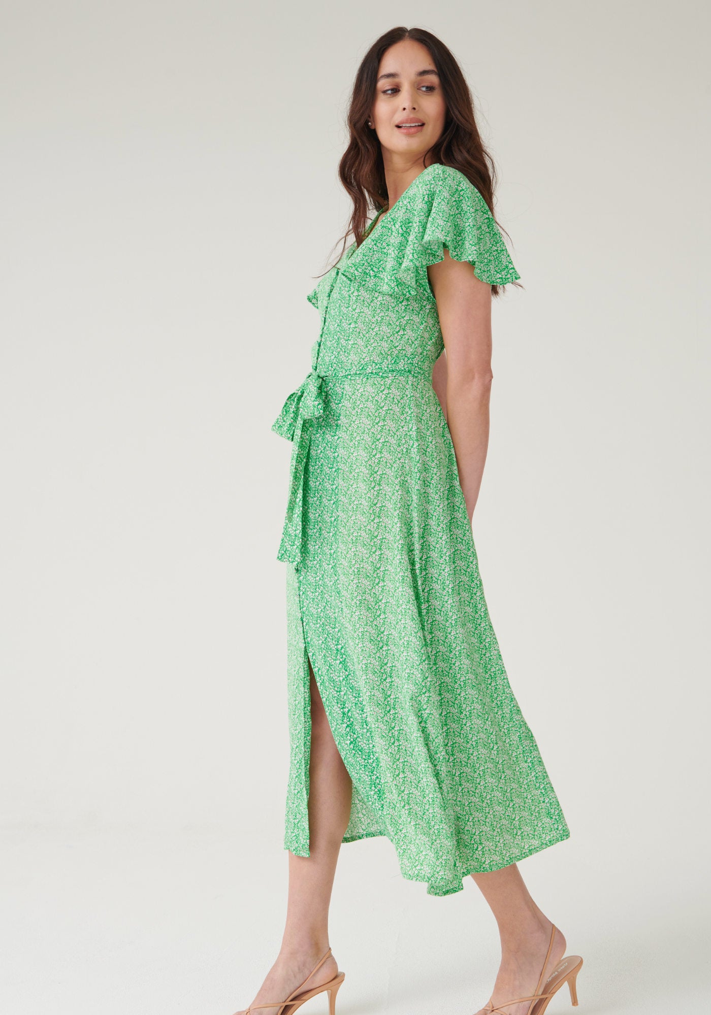 Green floral button up dress discount