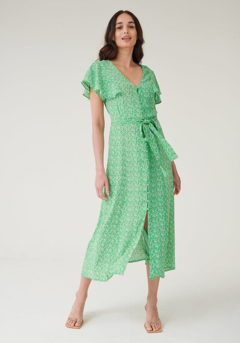 Green Wedding Guest Dress for Women UK - Green Floral Print Wedding Guest Dress with Tie Waist and Button Front UK