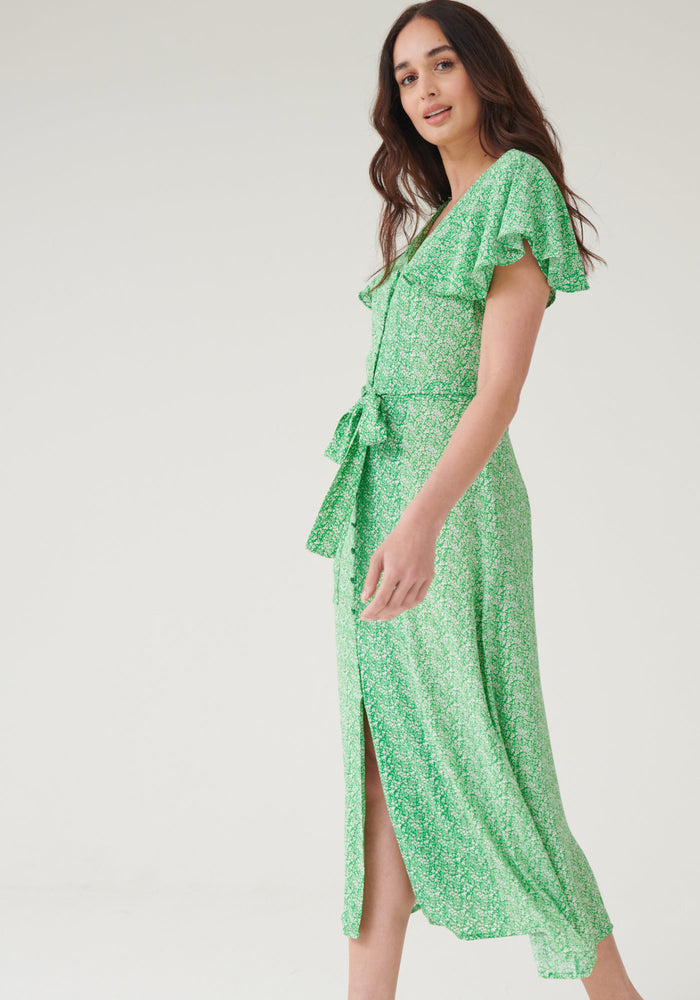 Green Floral Midi Dress for Wedding Guest - Button Down Front Tie Waist Dress in Green Floral - Green Floral Dress for Women UK