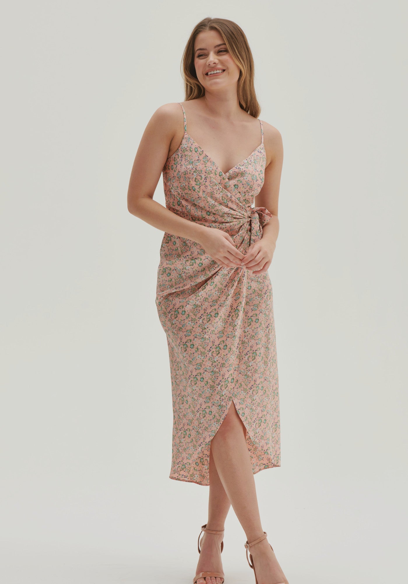Tie Side Cami Wrap Dress in Light Pink Floral | Wedding Guest Dresses ...
