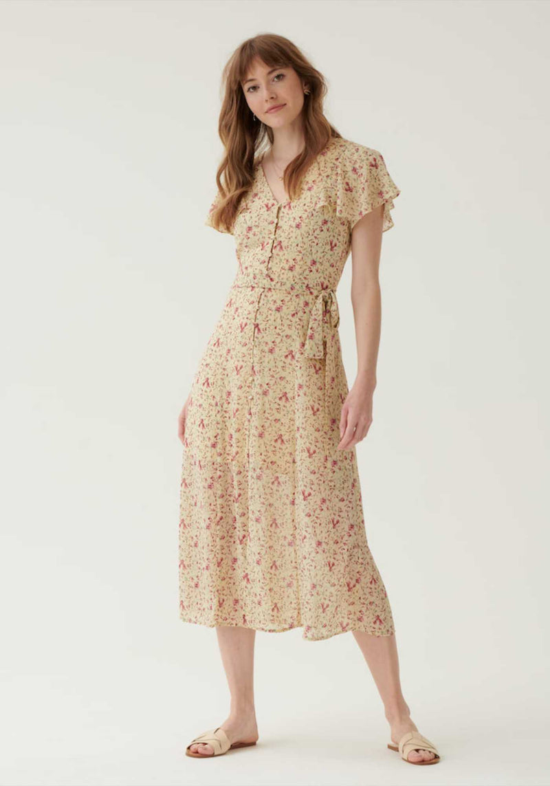 Button Front Tie Waist Midi Dress in Yellow Floral- Outlet