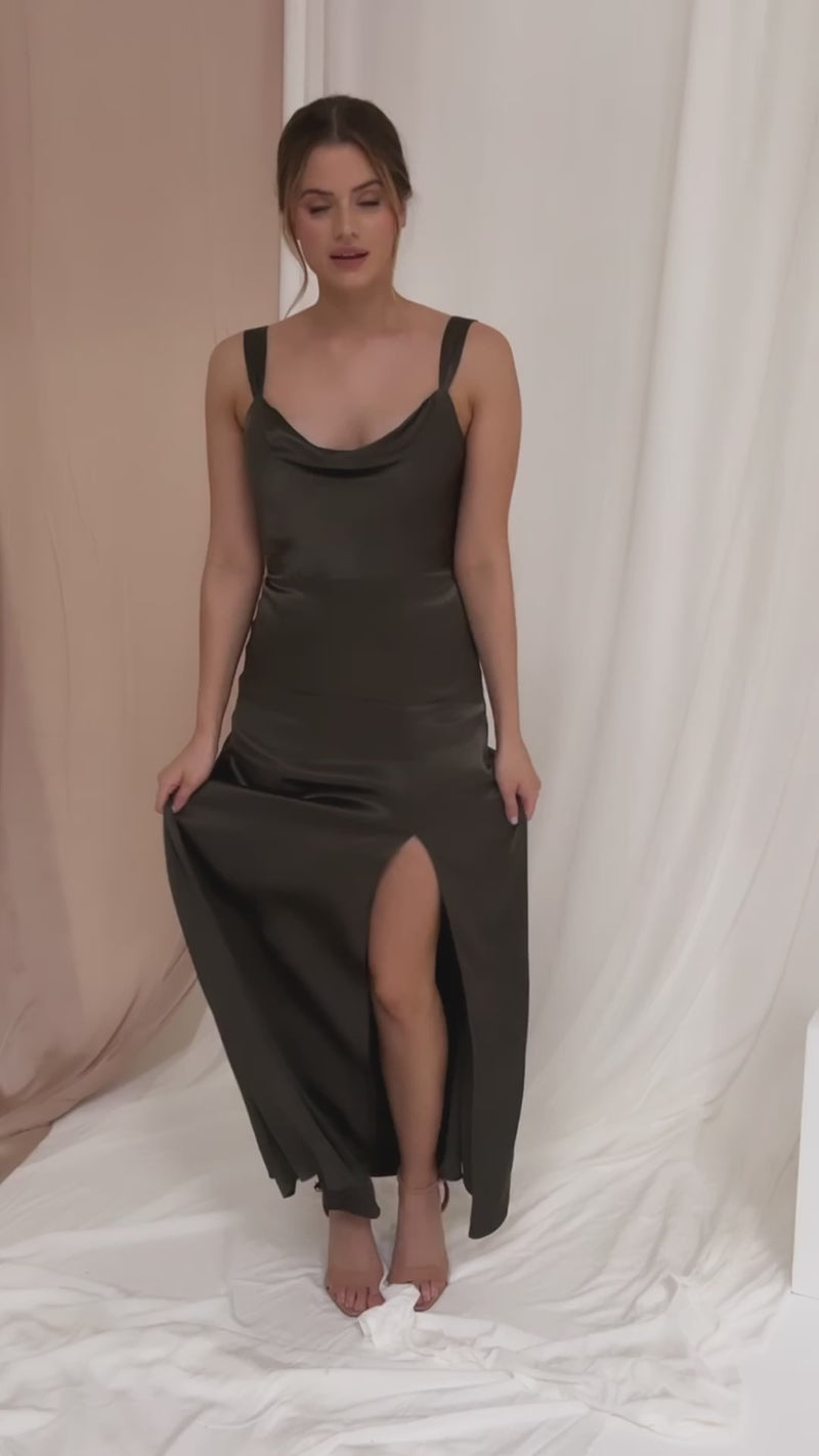 Layla Cami Satin Maxi Gown Dress - Dark Olive