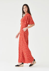 Angel Sleeve Jumpsuit in Red Ditsy Floral - Outlet