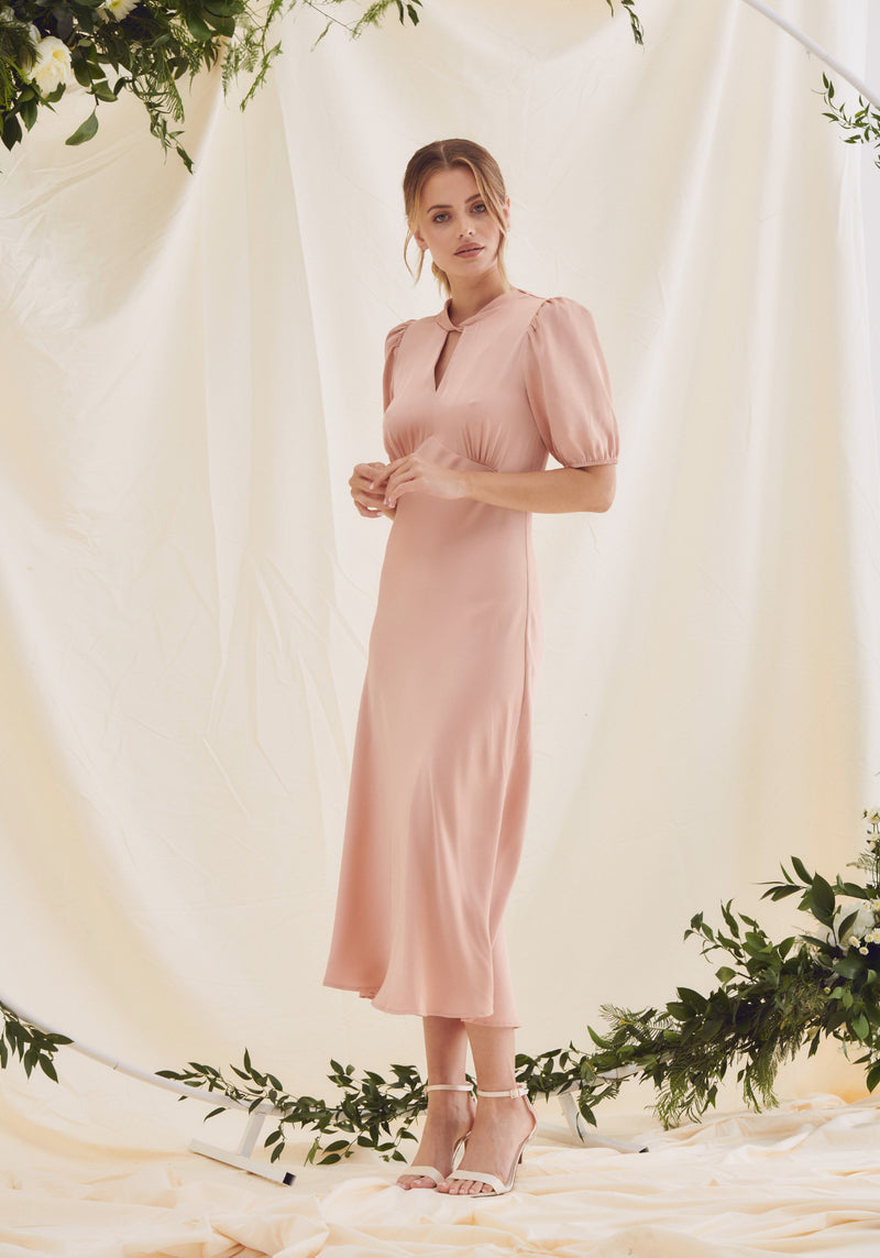 Celia Twist Neck Satin Slip Dress Rose Pink