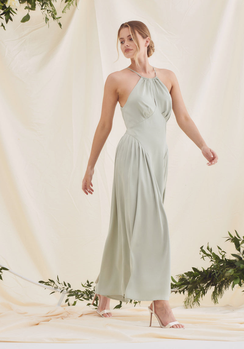 Sage Satin Maxi Dress For Bridesmaid Dresses - Sage Green Bridesmaid Maxi Dress With Halter Neck Style