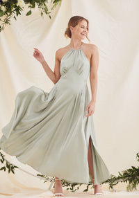 Sage Green Satin Bridesmaid Dress With Tie Back And Halter Neck - Sage Maxi Bridesmaid Dress